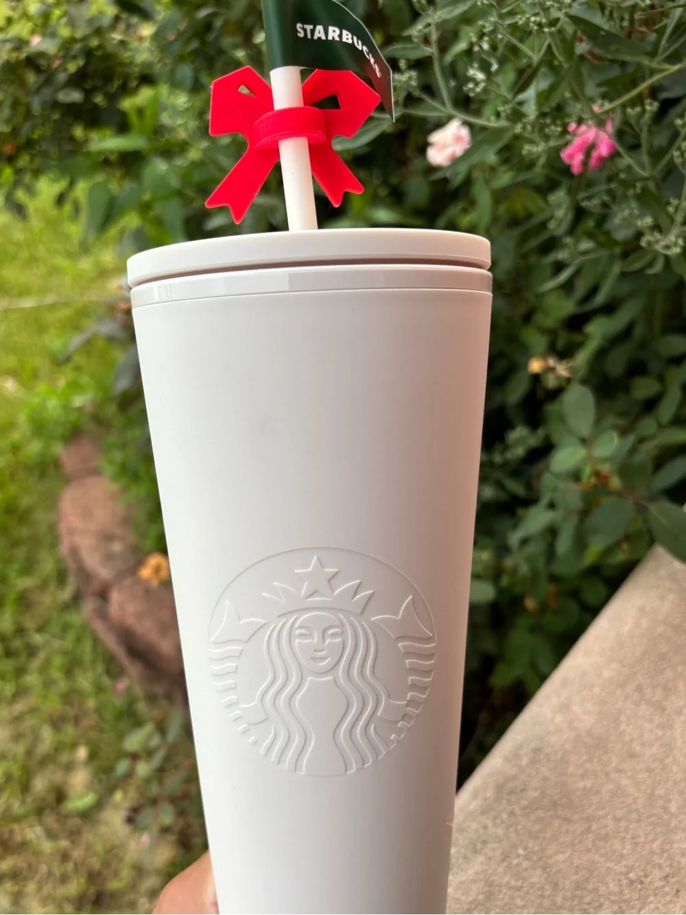 Starbucks White Tumbler with Red Bow
